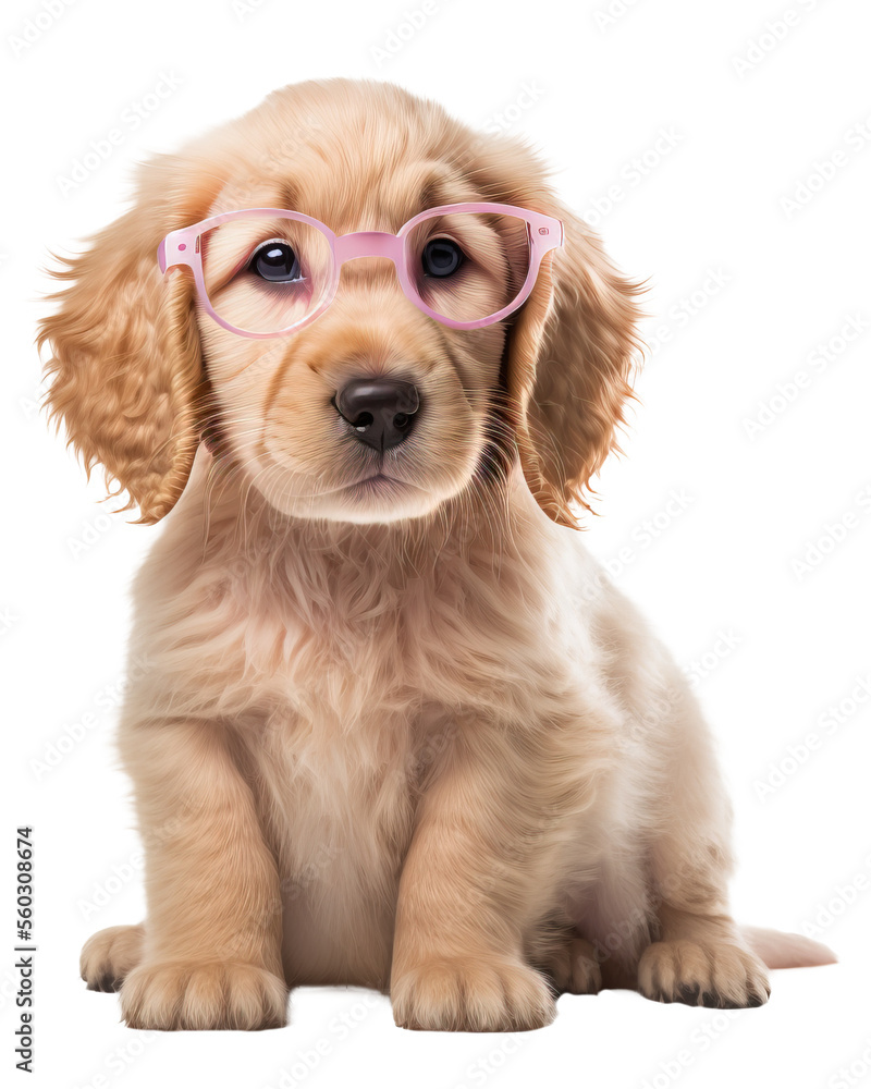 Smart puppy wearing glasses. Generative AI.