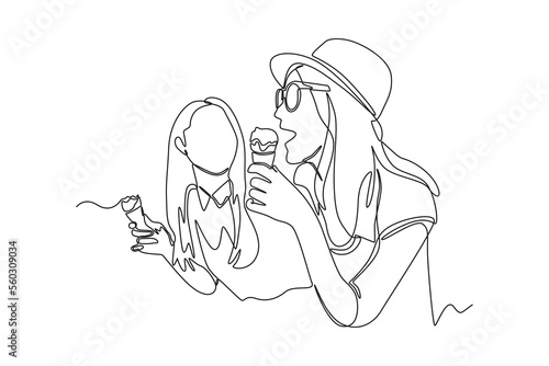 Single one line drawing Two beautiful girls enjoying ice cream together. Hangouts With Friends concept. Continuous line draw design graphic vector illustration.