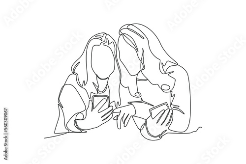 Single one line drawing Two young girls sitting and looking at their smartphone screen. Hangouts With Friends concept. Continuous line draw design graphic vector illustration.