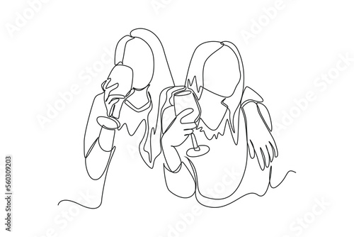 Single one line drawing Two laughing friends enjoying the weekend together and having drinks. Hangouts With Friends concept. Continuous line draw design graphic vector illustration.