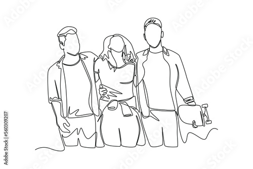 Single one line drawing Three friends laugh and embrace each other. Hangouts With Friends concept. Continuous line draw design graphic vector illustration.
