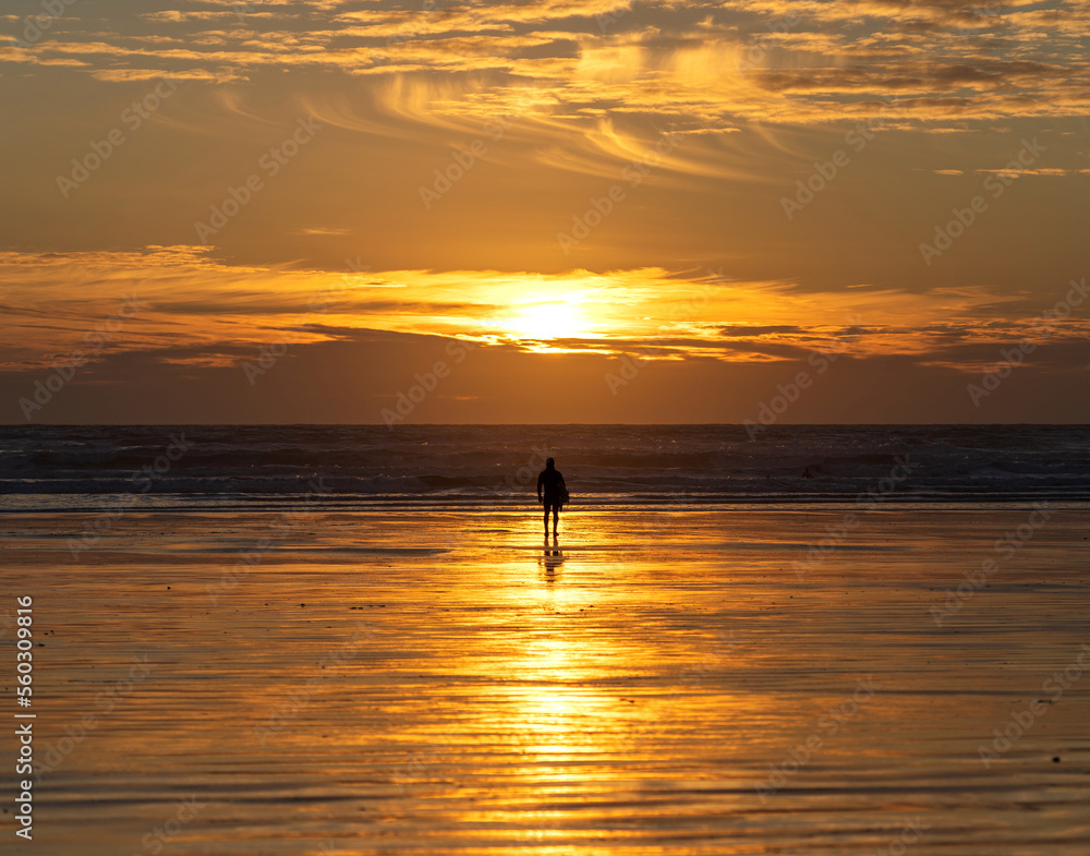Lone surfer in silhouette at sunset contemplating the surf before surfing