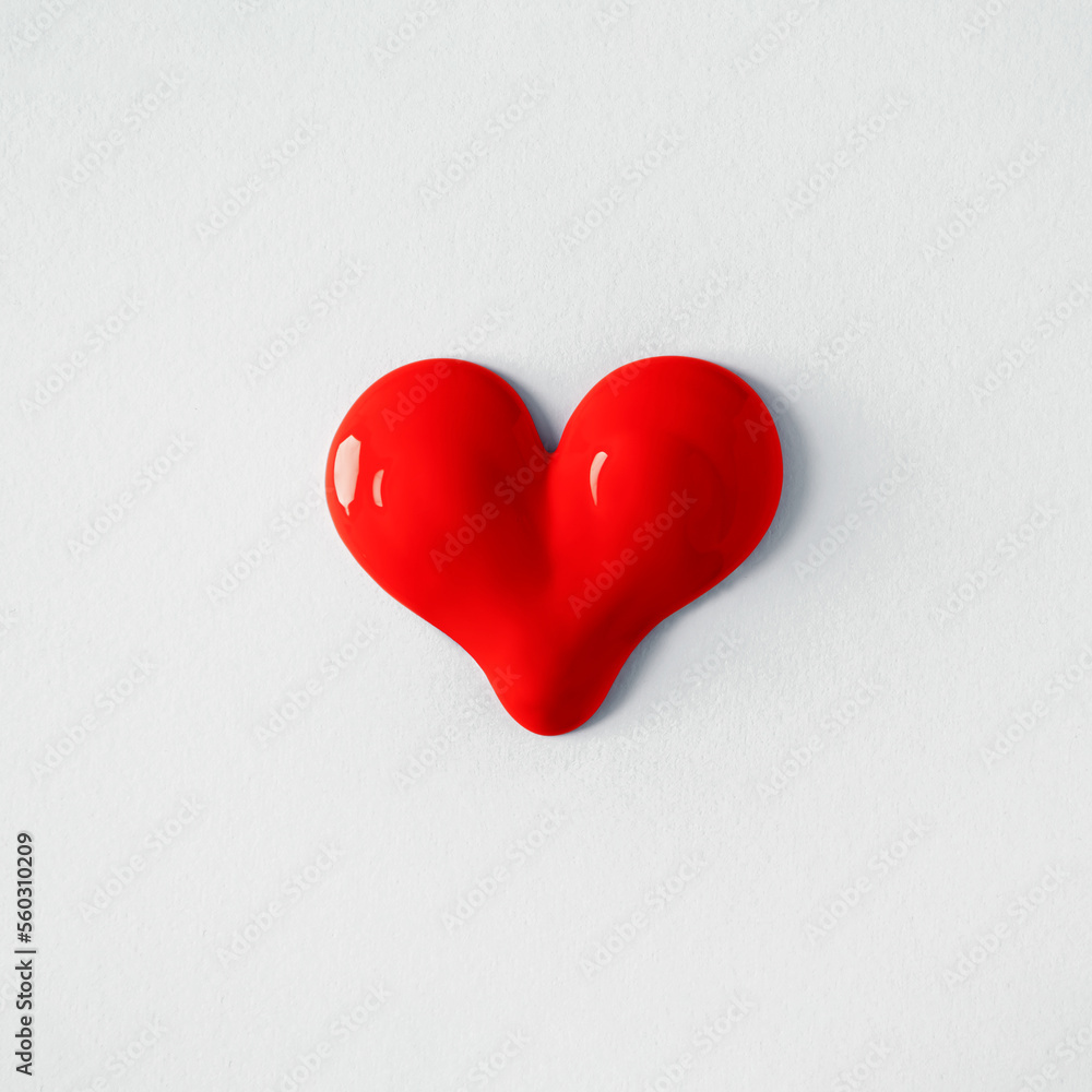 Trendy love composition made of red paint in shape of a heart on white background. Minimal concept of Valentine's Day or love. Creative art, minimal aesthetics. Top view. Flat lay Trendy love composition made of red paint in shape of a heart on white background. Minimal concept of Valentine's Day or love. Creative art, minimal aesthetics. Top view. Flat lay