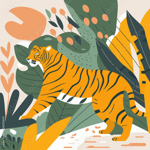 decorative tiger floral ornament background for wall art print or poster design
