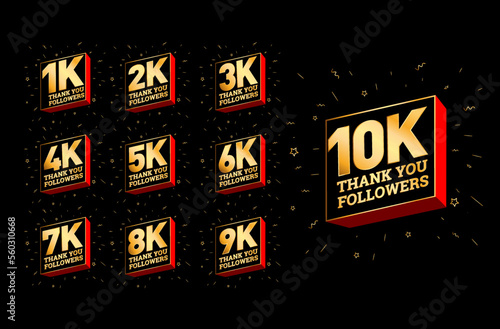 Thank you followers vector set 1k to 10k in golden look.