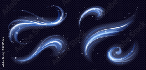Cold winter light effect, swirl bright twinkle line. Wind vortex blow with snowflakes, blue blizzard trail isolated on transparent background. Fresh freezing flow, Realistic 3d vector illustration