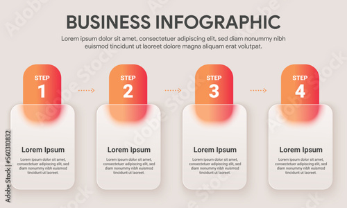 4 step business process timeline infographics. Orange rectangle curve shape glass morphism effect. Vector illustration.