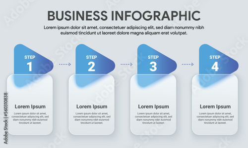 4 step business process timeline infographics. Blue triangle curve shape glass morphism effect. Vector illustration.
