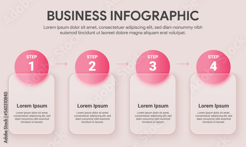 4 step business process timeline infographics. Pink Circle curve shape glass morphism effect. Vector illustration.