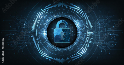 Internet security and Data prevention.Security Padlock lock icon on dark blue background.Technology for online data access defense against hackers and viruses.Technology security concept.	