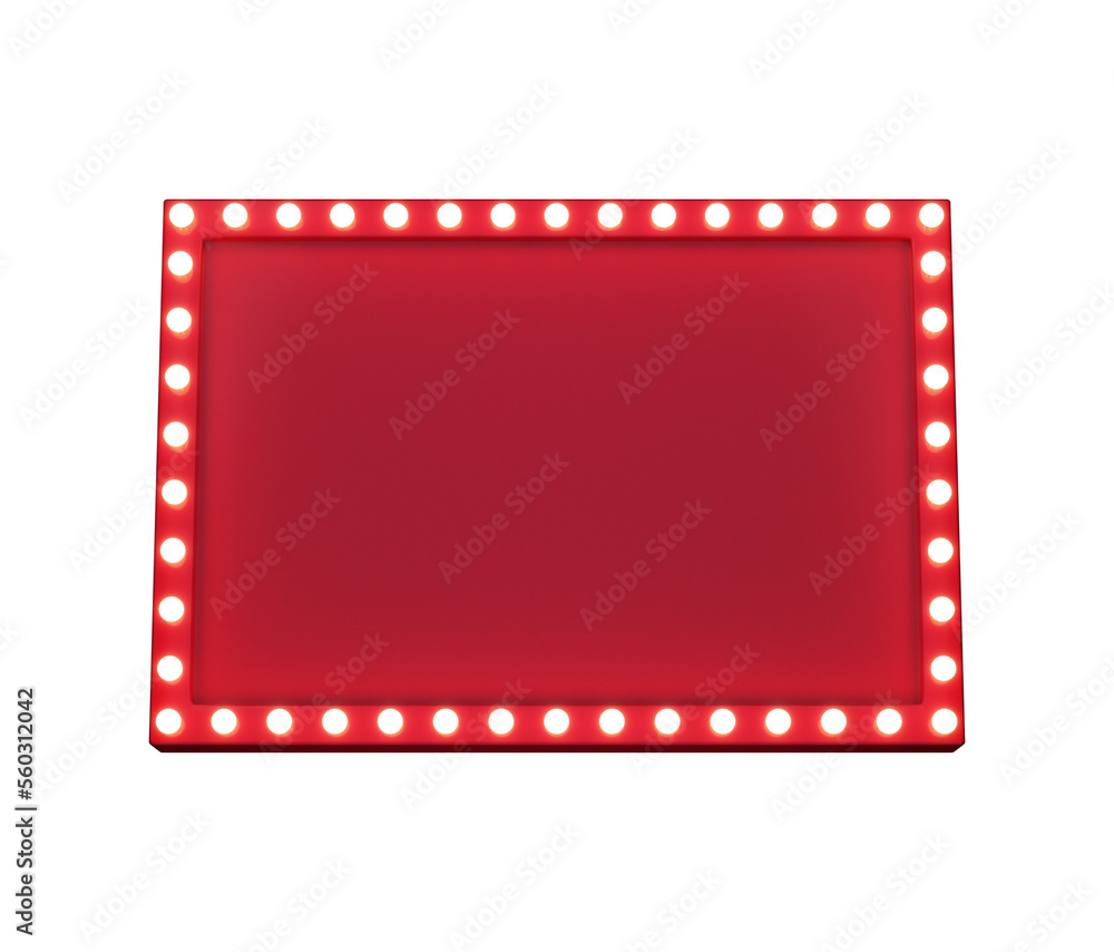 3d retro red signboard with glowing yellow light bulb . Concept of billboard design for cinema, casino, marquee or nightclub . 3d high quality render