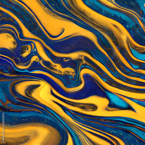 alcohol ink art marbling abstract blue gold bacground, generative ai