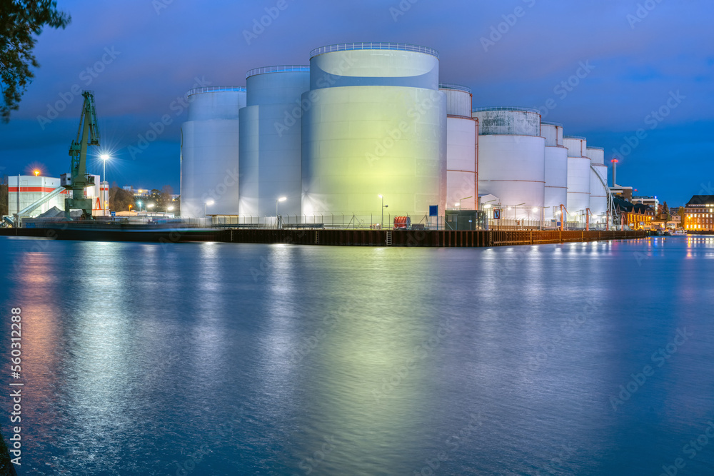 Storage tanks for crude oil at night seen in Berlin Storage tanks for crude oil at night seen in Berlin