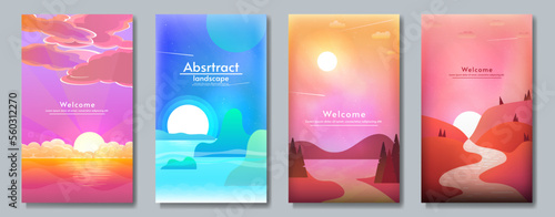Vector illustration. Set of posters. Flat style landscape. Sunset and sunrise. Design for poster, brochure, banner, postcard, touristic card.
