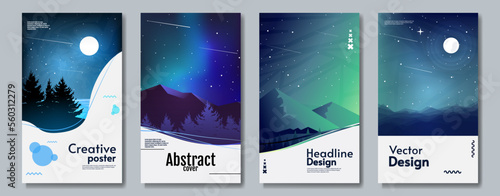 Set of abstract vector illustrations. Night landscape with light. Sky with moon and stars. Design for brochures, posters, greeting card, touristic card.