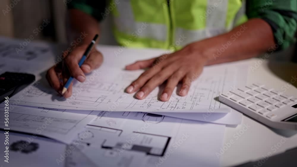 Close up of hands working and calculations estimate for cost and materials planning on paperworks and floor plan drawings about design architectural and engineering for houses and buildings. Close up of hands working and calculations estimate for cost and materials planning on paperworks and floor plan drawings about design architectural and engineering for houses and buildings.