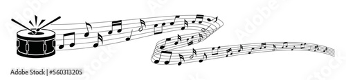 Musical note wave with drum. Drum music notes melody on white background. Sheet drum music notes of tune bass.