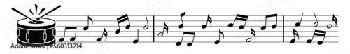 Musical note wave with drum. Drum music notes melody on white background. Sheet drum music notes of tune bass.