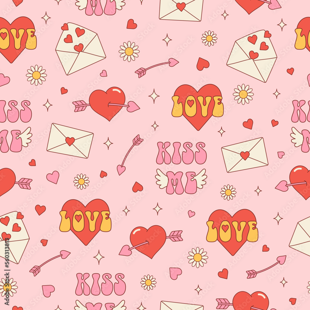 Groovy hippie Valentine's Day seamless pattern. Trendy romantic background with hearts in retro cartoon style of the 70s-80s. Valentine's day holiday backdrop texture for print on textile. Groovy hippie Valentine's Day seamless pattern. Trendy romantic background with hearts in retro cartoon style of the 70s-80s. Valentine's day holiday backdrop texture for print on textile.