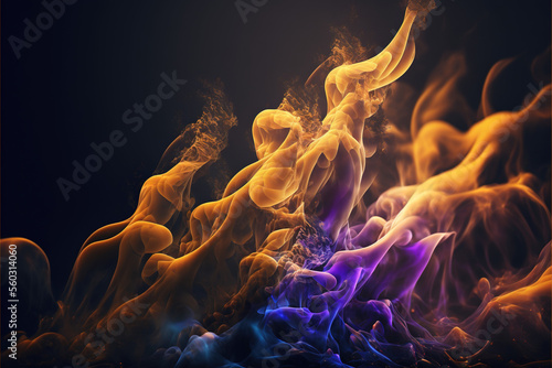 Dense multicolored smoke of orange and purple colors on a black isolated background. Background of smoke vape 2 - generated by Generative AI