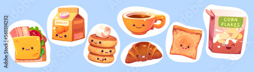 Cute kawaii characters of breakfast food. Stickers with toast, sandwich with bread and bacon, coffee in cup, package of corn flakes, milk, juice, pancakes and croissant, vector cartoon set