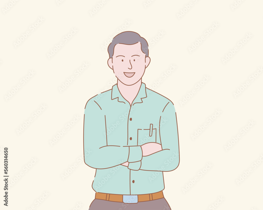 businessman standing crossed arms with outline or line and clean simple style