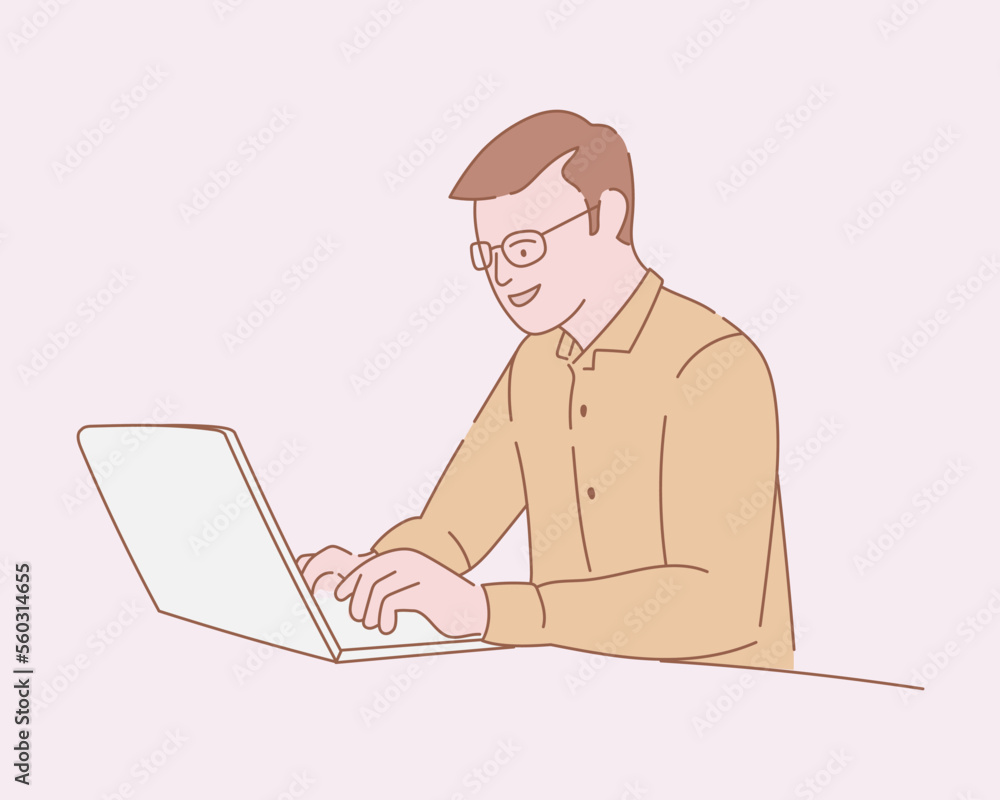 businessman professional with glasses work with laptop with outline or line and clean simple style businessman professional with glasses work with laptop with outline or line and clean simple style