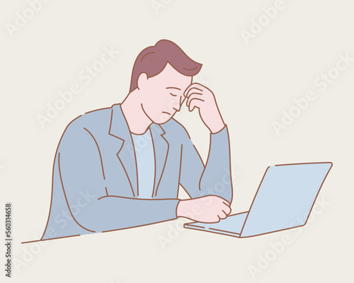 businessman exhausted work on laptop stress with outline or line and clean simple style