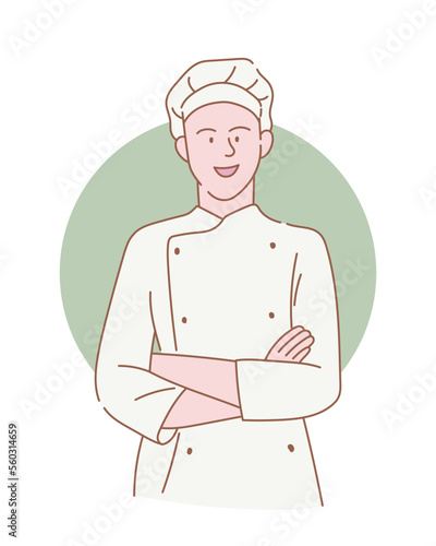 professional chef with smile and crossed arms with outline or line and clean simple style