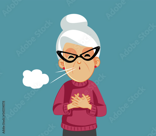 Senior Woman Having Breathing Problems Coughing Vector Illustration. Unhappy grandma having shortness of breath because of aging 
