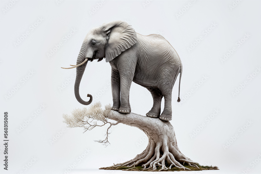 Obraz premium An elephant balancing on top of a small tree trunk. Isolated on a white background