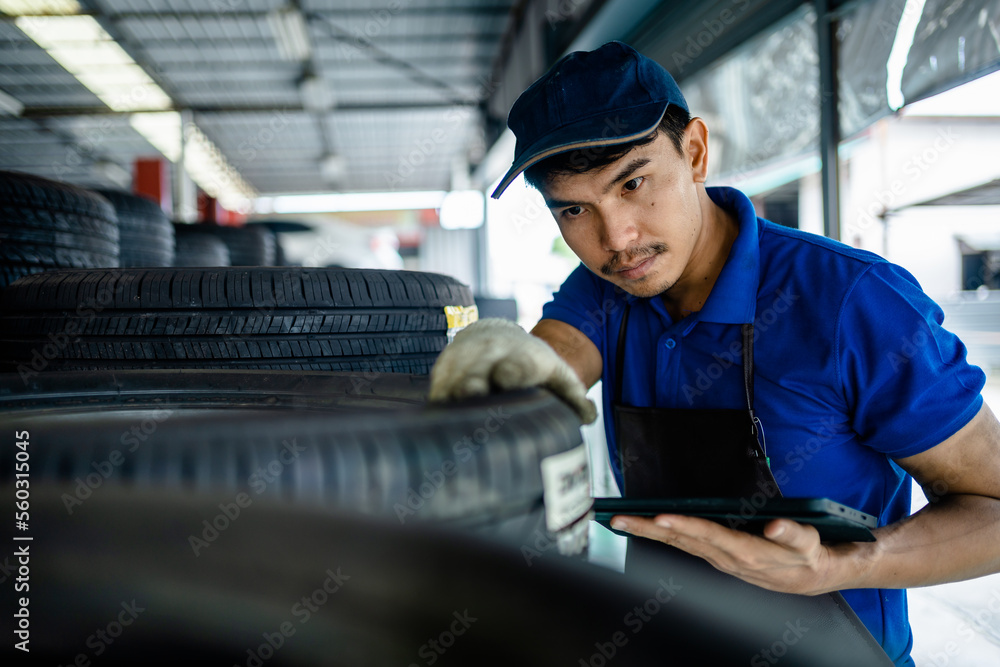 Auto mechanic repairman using digital tablets to check the stock tire in the garage changes spare parts, checks the mileage of the car, checking and maintenance service concept. Auto mechanic repairman using digital tablets to check the stock tire in the garage changes spare parts, checks the mileage of the car, checking and maintenance service concept.