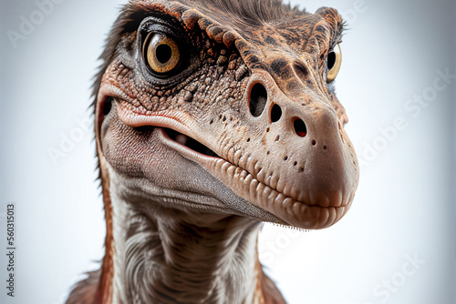 A close up head shot of a Velociraptor, isolated on a white background. Made with Generative AI Technology © Matt Bango