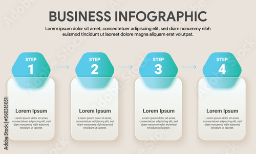 4 step business process timeline infographics. Turquoise Hexagon curve shape glass morphism effect. Vector illustration.