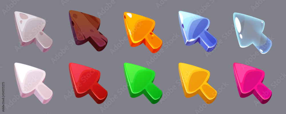 Vecteur Stock Set of cartoon cursors isolated on grey background ...
