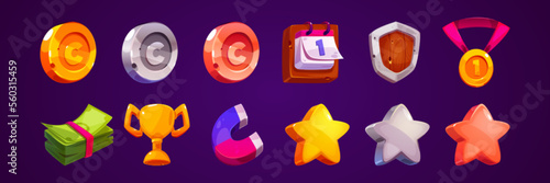 Cartoon set of game awards and props. Vector illustration of ancient calendar, wooden shield, winner medal, bunch of money, golden cup, magnet, golden, silver and bronze coins and stars. Design icons