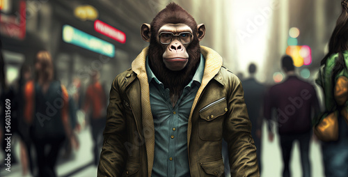 Portrait of a stylish fashion monkey in a city