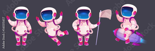 Cartoon astronaut character set isolated on black background. Vector illustration of cute cosmonaut in spacesuit waving hello, floating in outer space, standing with flag in hand, riding on rocket