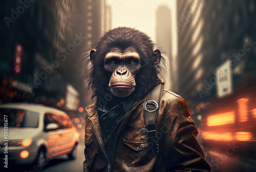 Portrait of a stylish fashion monkey in a city