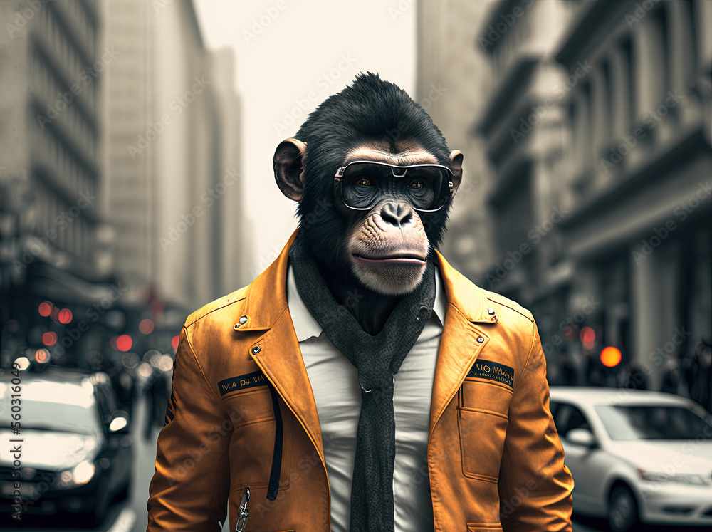 Portrait of stylish fashion monkey walking in the city ilustração do Stock