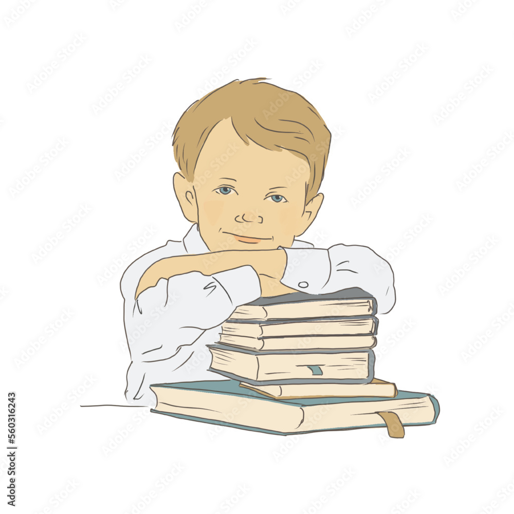 Boy schoolboy in a white shirt sits with a stack of books