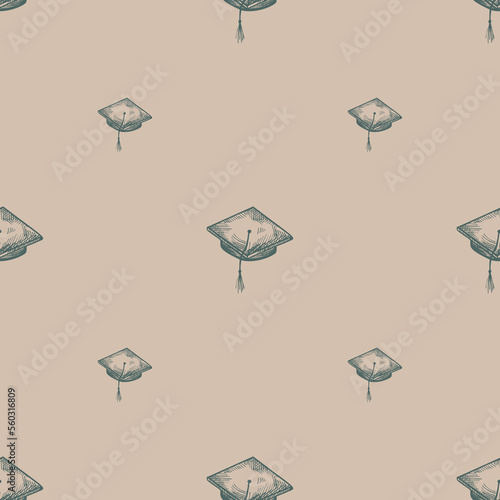 Graduate hat engraved seamless pattern. Vintage element education in hand drawn style. Sketch texture for fabric, wallpaper, textile, print, title, wrapping paper. Vector illustration.