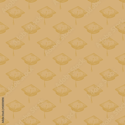 Graduate hat engraved seamless pattern. Vintage element education in hand drawn style. Sketch texture for fabric, wallpaper, textile, print, title, wrapping paper. Vector illustration.