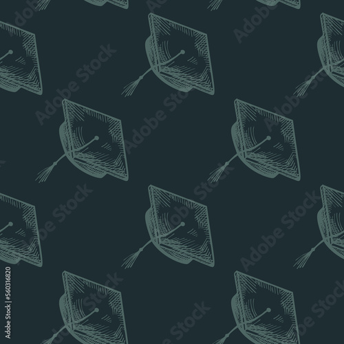 Graduate hat engraved seamless pattern. Vintage element education in hand drawn style. Sketch texture for fabric, wallpaper, textile, print, title, wrapping paper. Vector illustration.