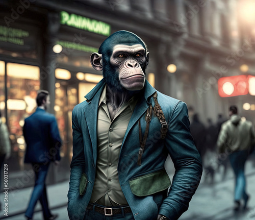 Portrait of stylish fashion monkey walking in the city