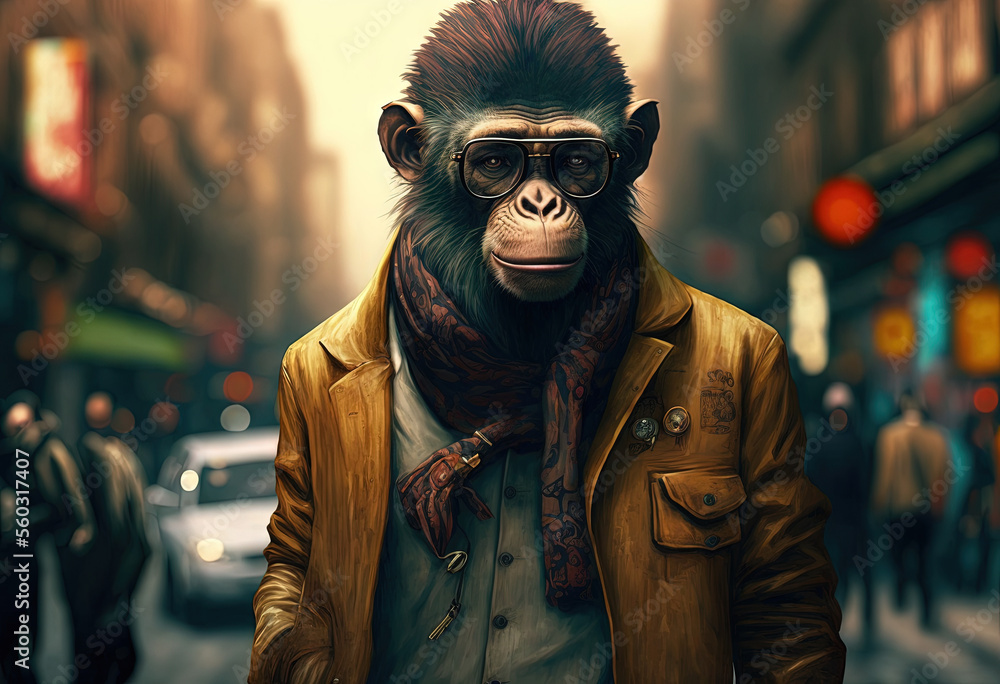 Stylish fashion monkey walking in the street Stylish fashion monkey walking in the street