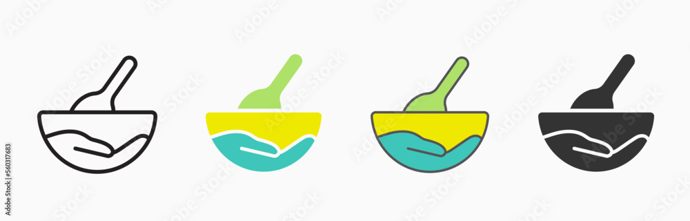 Bowl with baby cereal porridge flat icons. Vector illustration.