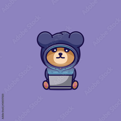 Vector vector cartoon illustration cute hacker bear with hoodie use laptop icon animal nature
