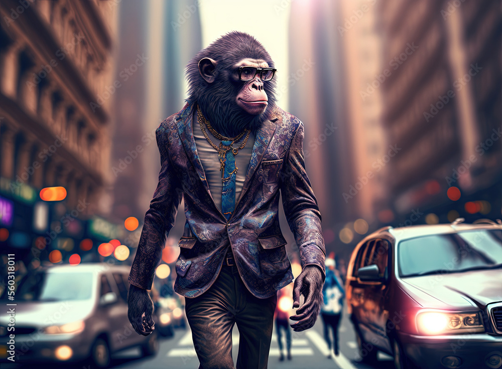 Stylish fashion monkey walking in the street Stylish fashion monkey walking in the street