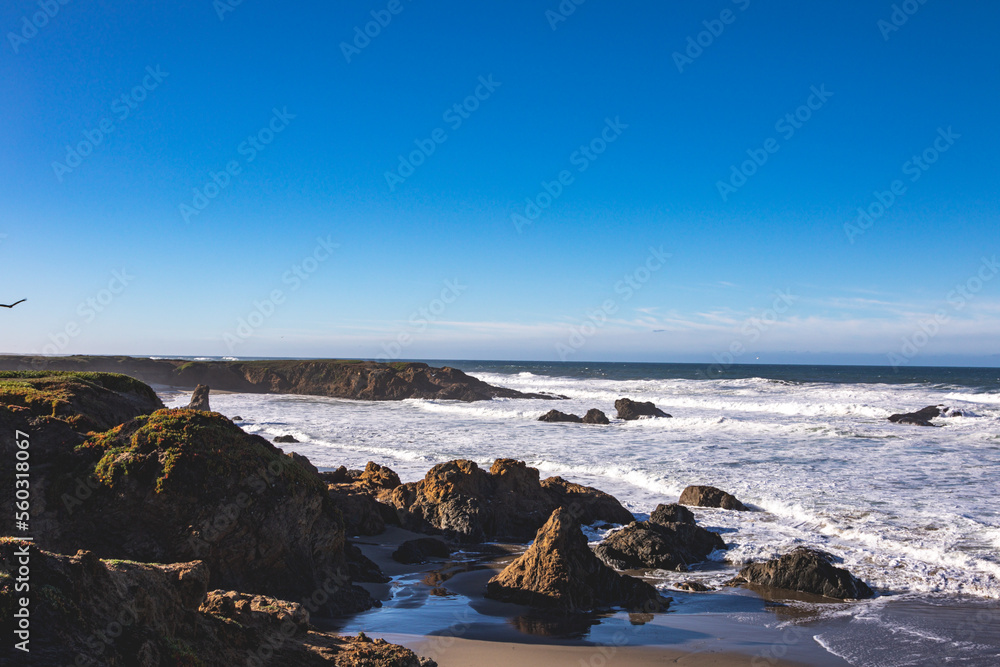 Scenic view of ocean with sea foam against sky, Fort Bragg, California, United States, USA - stock photo